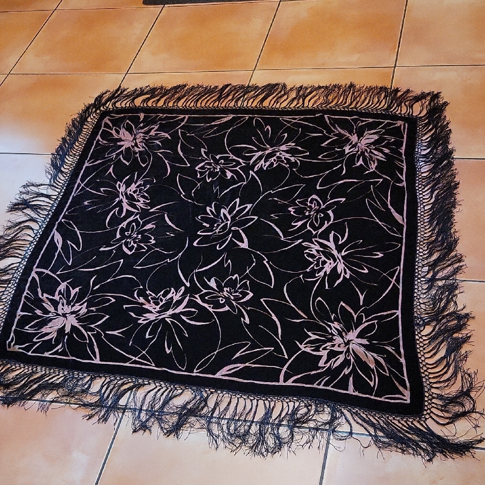 Black Velvet Fringed Burnout Shawl Scarf Wrap